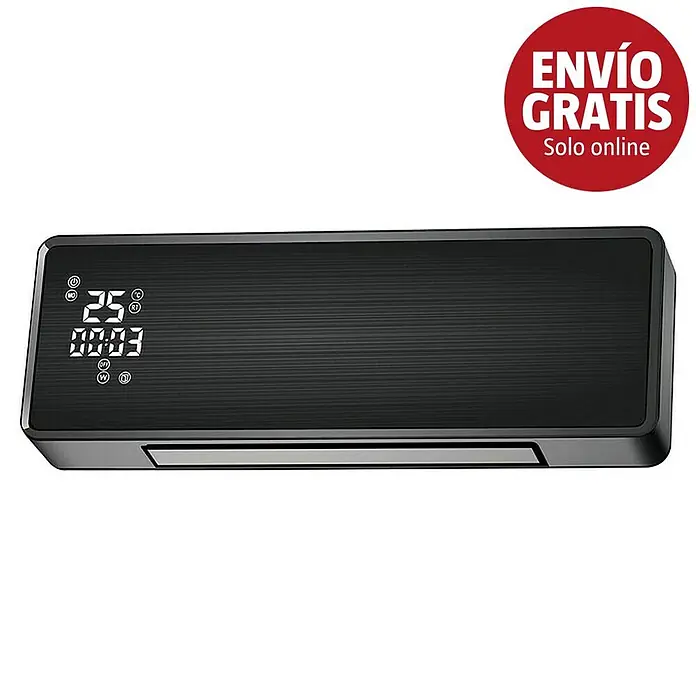 Purline Calefactor de aire HOTI M100 - 2.000 W, Negro - Aire acondicionado/calefactor rectangular negro con pantalla digital (25°). Banner rojo 'ENVÍO GRATIS solo online'.