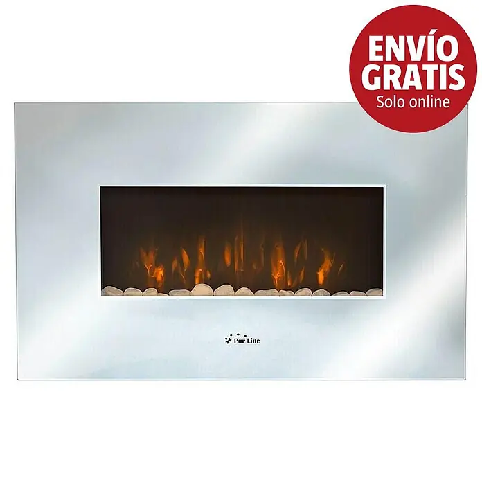 Purline Chimenea eléctrica CHE-450 - Plata, 2.000 W - Chimenea eléctrica de pared blanca/plateada de Pur Line con llamas artificiales realistas y guijarros decorativos.