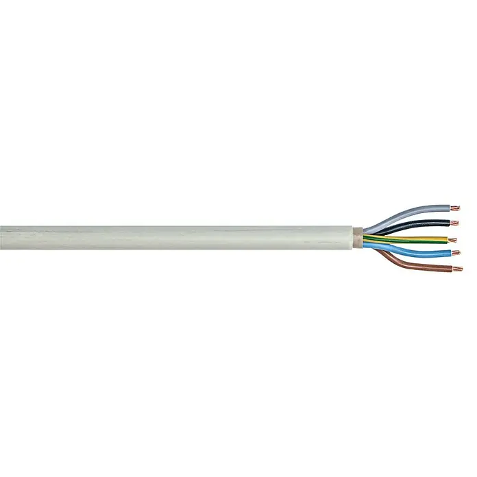 Mantelleitung Meterware NYM-J 5x16 mm² - Anzahl Adern: 5, 16 mm², Grau - Nahaufnahme eines Stromkabels mit freiliegenden farbcodierten Drähten, das die interne Struktur und Verkabelung des Kabels zeigt.
