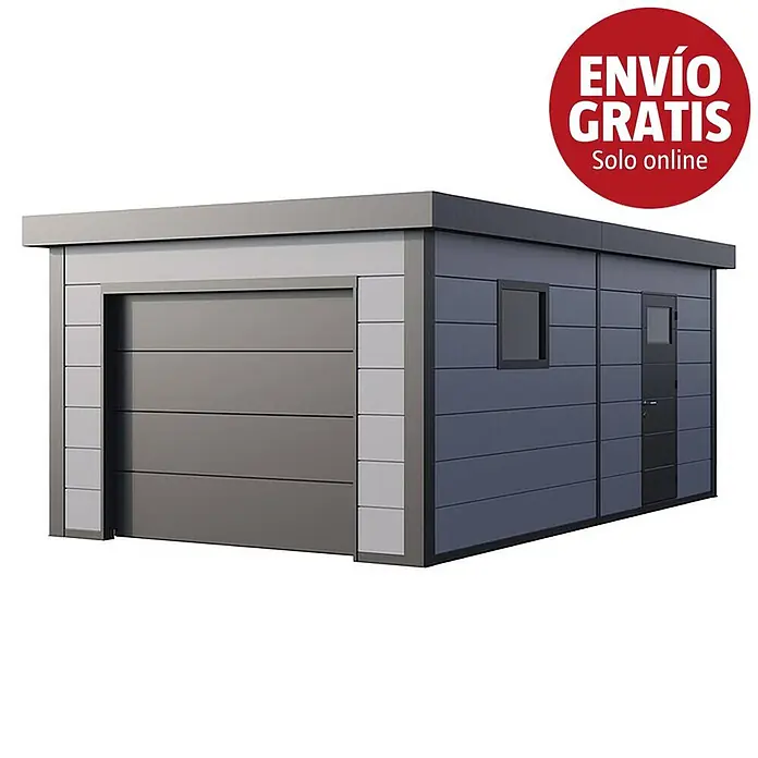 Telluria Garaje Classico 3654G - Medidas ext. (An x Pr): 388 x 568 cm, Acero, Gris claro/Antracita, Sin conjunto - Garaje modular con puerta de garaje gris, puerta lateral y ventana, con paneles grises y gris oscuro.