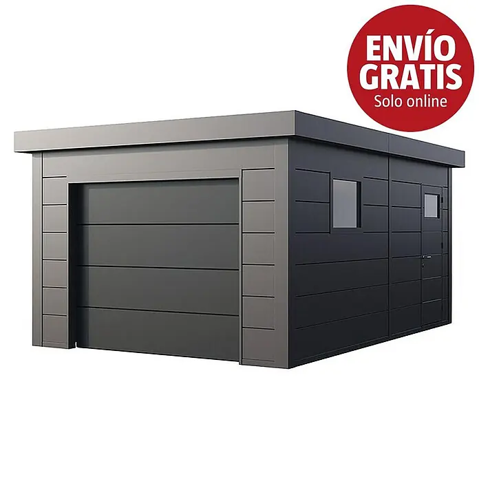 Telluria Garaje Classico 3654G - Medidas ext. (An x Pr): 388 x 568 cm, Acero, Antracita, Sin conjunto - Garaje prefabricado moderno en gris y negro con techo plano.