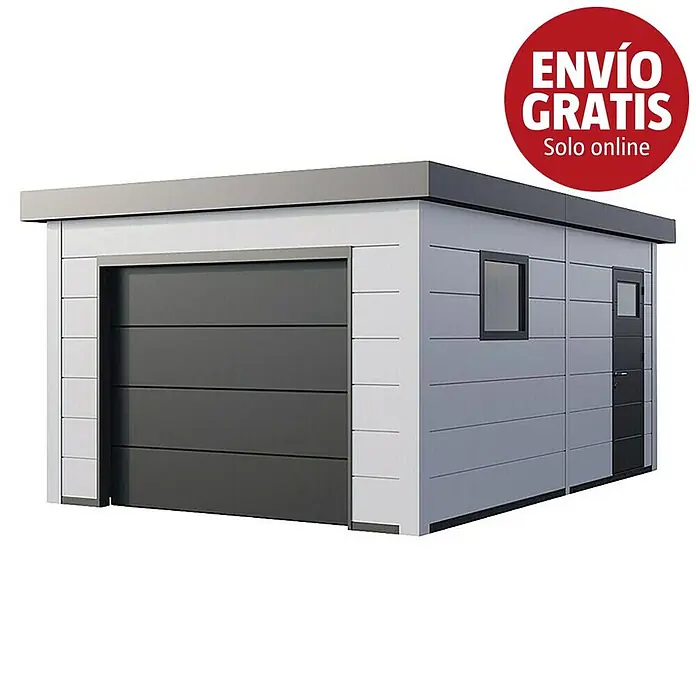 Telluria Garaje Classico 3654G - Medidas ext. (An x Pr): 388 x 568 cm, Acero, Blanco, Sin conjunto - Garaje modular moderno gris claro y oscuro con puerta seccional y entrada lateral.