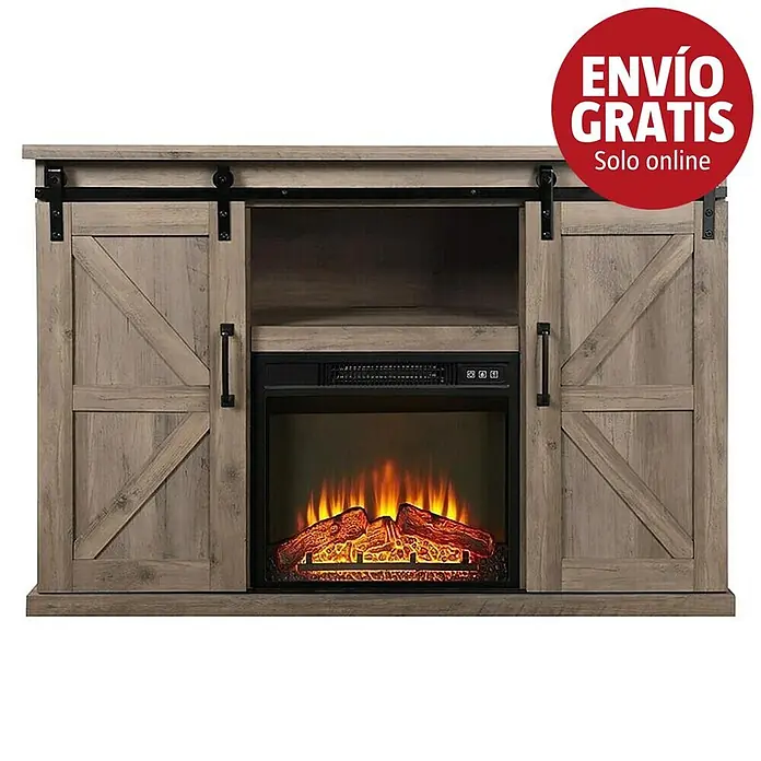 Purline Chimenea eléctrica con marco MDF CHE-910 - Marrón, 2.000 W, 40 x 137 x 82 cm - Mueble TV rústico de madera gris con puertas correderas y chimenea eléctrica.