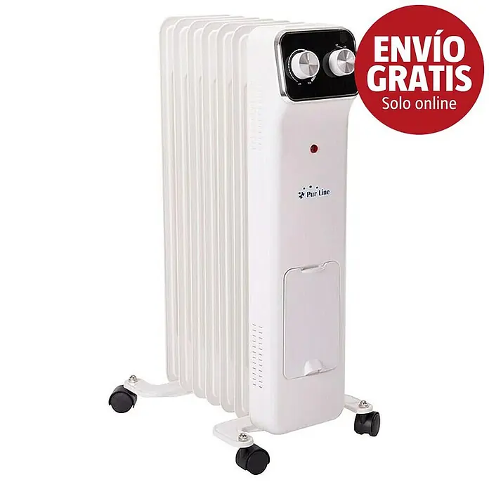 Purline Radiador de aceite HOTI OR2000 - 2.000 W, Blanco, 14,5 x 38,5 x 61,5 cm - Radiador de aceite Pur Line blanco con perillas de control y ruedas para movilidad.