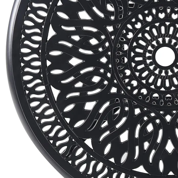 Runder Tisch ANCONA in Schwarz/Beige - (W) 90 x (H) 72 x - L - Schwarze Metalltischplatte mit aufwendigem, verziertem Filigranmuster.