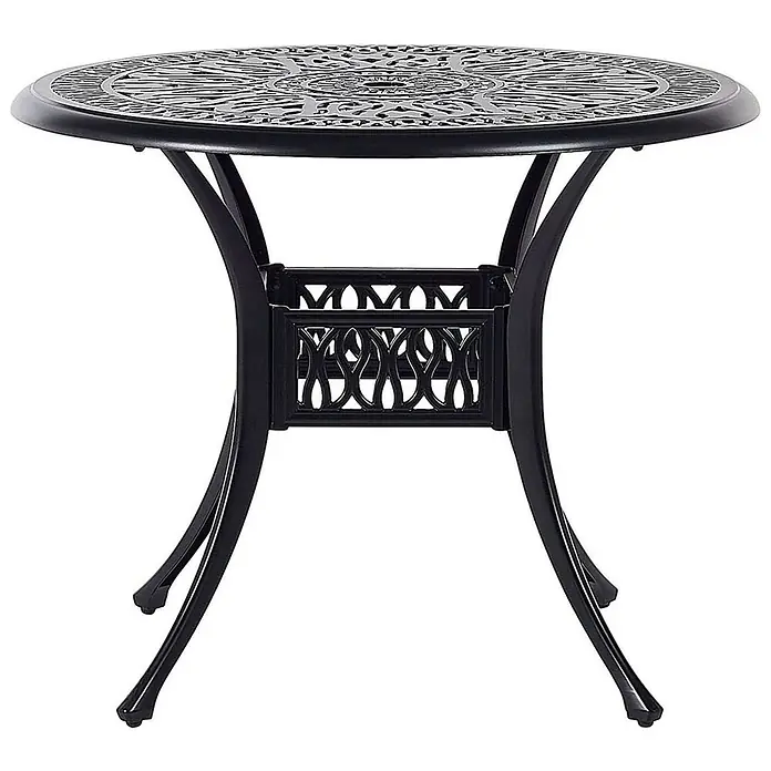 Runder Tisch ANCONA in Schwarz/Beige - (W) 90 x (H) 72 x - L - Runder Gartentisch aus schwarzem Metall mit verzierter Gittertischplatte und geschwungenen Beinen.
