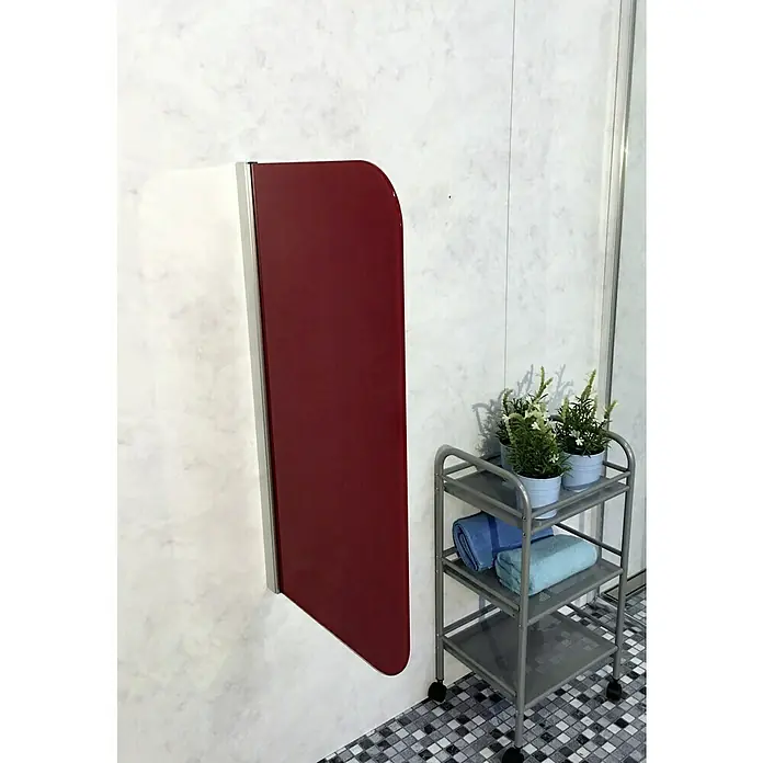 GEO Urinal-Trennwand Radius 100 - 50 x 90 cm, Glas, Rot - Badezimmer mit Handtuchwagen und roter Duschwand.