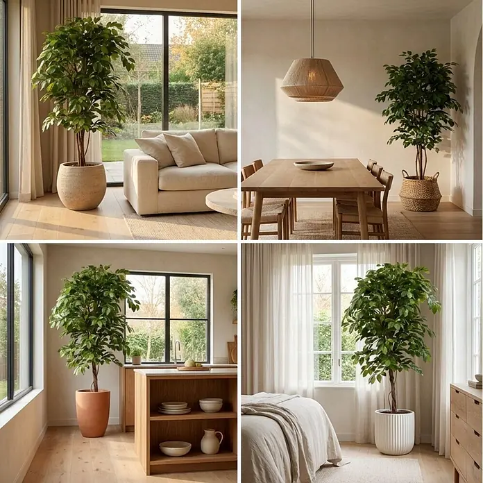 Ficus Ranke -  - Großer Kunstbaum mit grünen Blättern und braunem Stamm, in verschiedenen stilvollen Töpfen in Räumen.