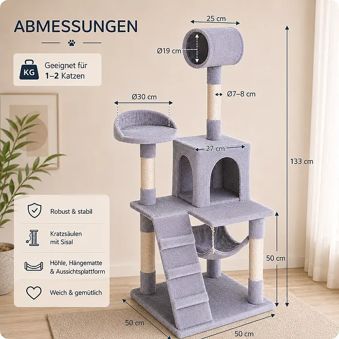 belviona Kratzbaum 133 cm mit Höhle, Hängematte & Treppe, beige -  - Grauer Kratzbaum mit mehreren Ebenen, Höhle, Hängematte und Sisalstangen. Maße sind angegeben.