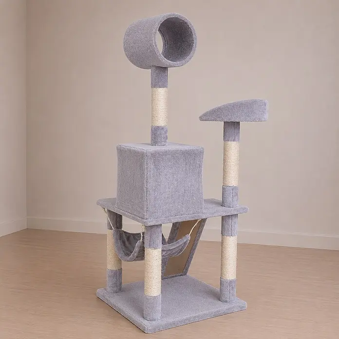belviona Kratzbaum 133 cm mit Höhle, Hängematte & Treppe, hellgrau -  - Mehrstöckiger grauer Plüsch-Katzenkratzbaum mit Kratzsäulen, Hängematte, Höhle und Liegefläche.