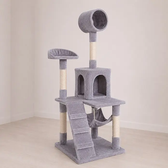belviona Kratzbaum 133 cm mit Höhle, Hängematte & Treppe, hellgrau -  - Grauer Mehrzweck-Katzenbaum mit Plüschbezug, Sisal-Kratzstangen, Katzenhöhle, Plattformen, Bett, Rampe und Hängematte.