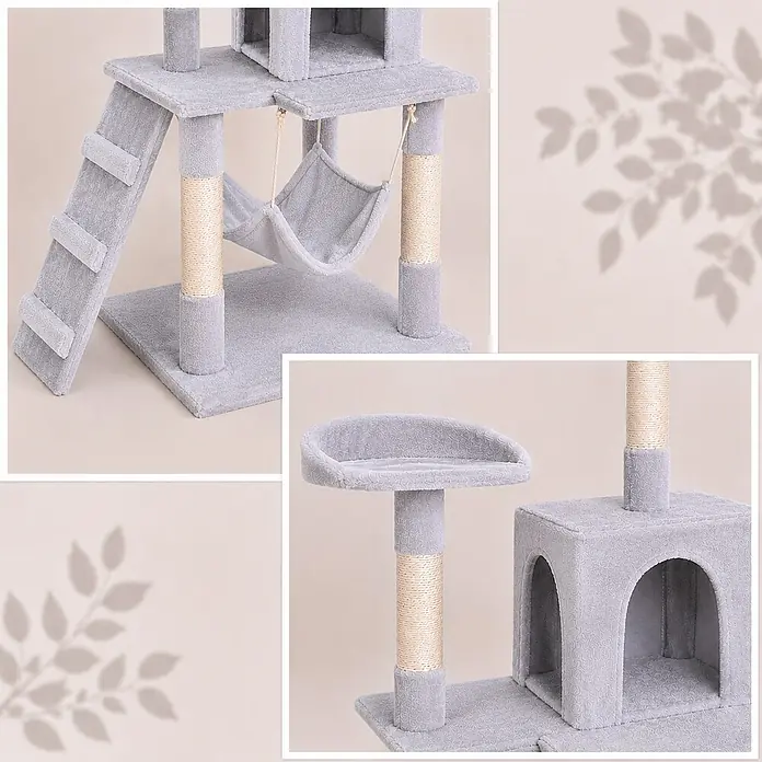 belviona Kratzbaum 133 cm mit Höhle, Hängematte & Treppe, hellgrau -  - Mehrstufiger, grauer Katzenbaum mit Sisal-Kratzstämmen, Hängematte und Katzenhöhle, für Spiel und Ruhe.