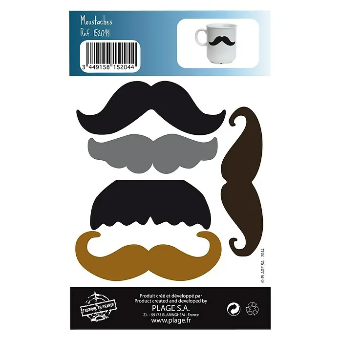 Vinilo de pared - 17 x 10,5 cm, Plástico - Set de pegatinas "Moustaches Ref. 152044" de Plage S.A. con diversas formas y colores de bigote para personalizar objetos.