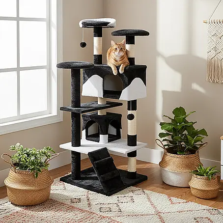 belviona Kratzbaum 130 cm mit Höhlen, Treppe & Spielbällen, schwarz/weiß