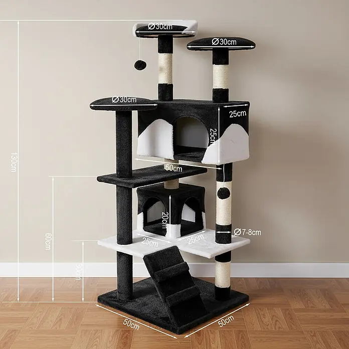 belviona Kratzbaum 130 cm mit Höhlen, Treppe & Spielbällen, schwarz/weiß -  - Schwarz-weißer, mehrstufiger Katzenbaum mit Plüschplattformen, zwei Höhlen und Sisal-Kratzstämmen, 130 cm hoch auf 50x50 cm Basis.