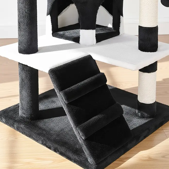 belviona Kratzbaum 130 cm mit Höhlen, Treppe & Spielbällen, schwarz/weiß -  - Schwarz-weißer mehrstöckiger Katzenbaum mit Plüschbezug, Sisal-Kratzstämmen und Rampe zum Klettern und Spielen.