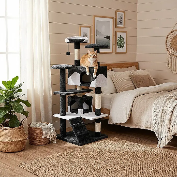 belviona Kratzbaum 130 cm mit Höhlen, Treppe & Spielbällen, schwarz/weiß -  - Ein mehrstufiger Kratzbaum in Schwarz, Weiß und Naturbeige, mit einer orangefarbenen Katze, die auf einer Plattform in einem gemütlichen Raum entspannt.