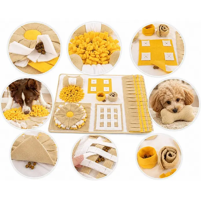 belviona Schnüffelmatte für Hunde, Futtersuche & Geruchstraining, 70x60 cm -  - Gelbe und beigefarbene Stoff-Schnüffelmatte für Hunde zur mentalen Stimulation, mit Leckerlis und spielenden Hunden gezeigt.