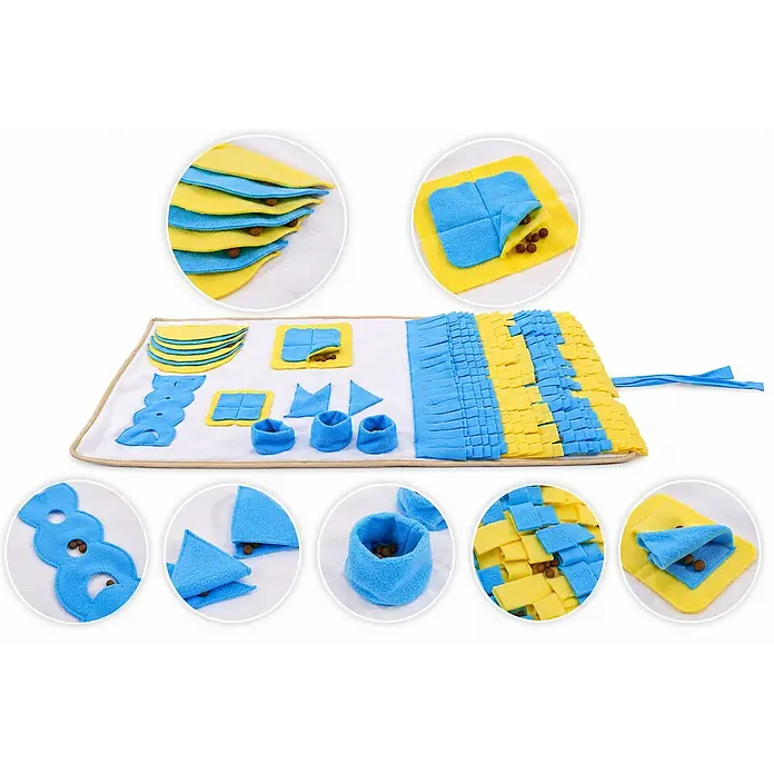 belviona Schnüffelmatte für Hunde, Futtersuche & Geruchstraining, 100x60 cm -  - Blau-gelbe Schnüffelmatte aus Stoff mit verschiedenen Fächern und Taschen zum Verstecken von Leckerlis, mit Futter gezeigt.