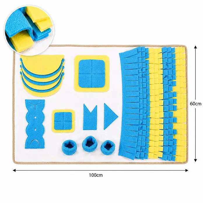 belviona Schnüffelmatte für Hunde, Futtersuche & Geruchstraining, 100x60 cm -  - Blau-gelbe Filz-Schnüffelmatte, 100x60cm, mit verschiedenen Formen und Fransen für Haustier-Futtersuche.