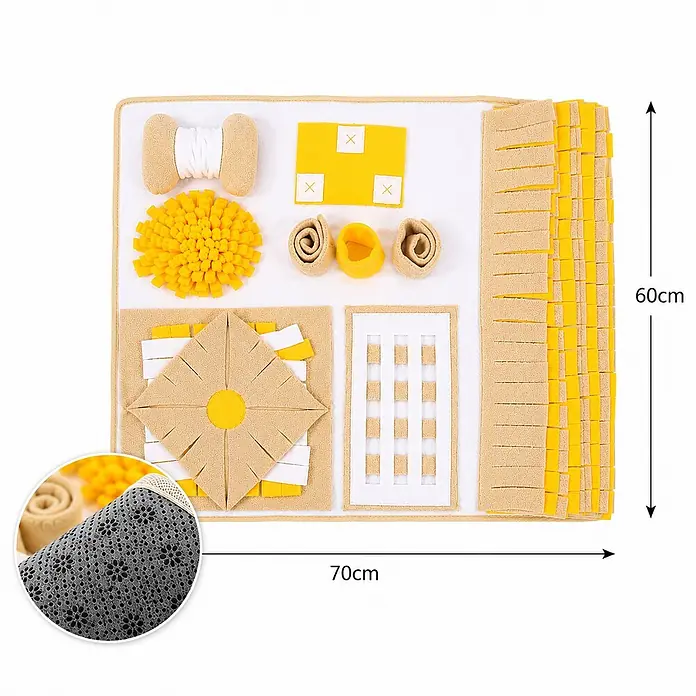 belviona Schnüffelmatte für Hunde, Futtersuche & Geruchstraining, 70x60 cm -  - Beige-gelbe Schnüffelmatte aus Stoff für Hunde mit verschiedenen Leckerli-Verstecken und stimulierenden Texturen.