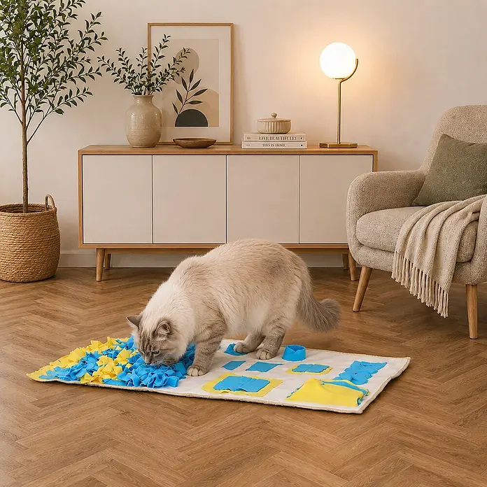 belviona Schnüffelmatte für Katzen, Leckerlisuche, 100x60 cm, gelb/blau -  - Blau-gelbe Schnüffelmatte auf dem Boden, von einer Katze zur Beschäftigung und langsamen Fütterung genutzt.