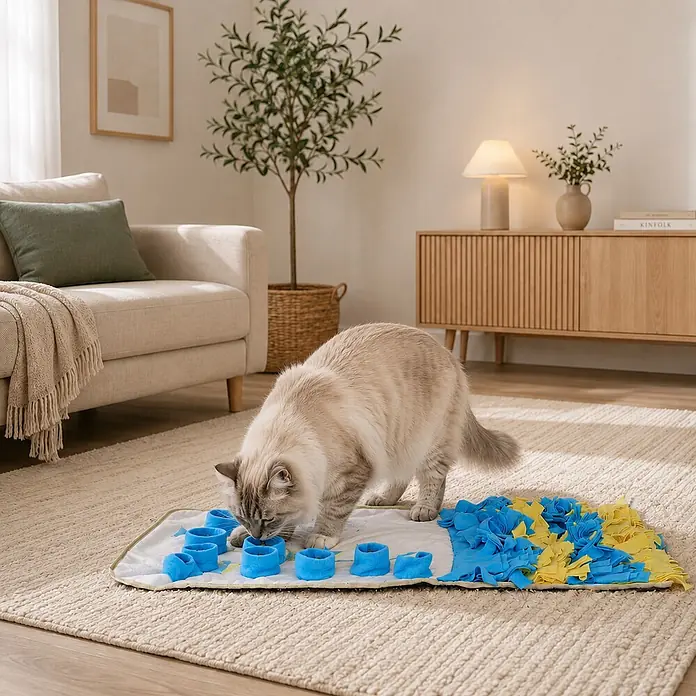 belviona Schnüffelmatte für Katzen, Leckerlisuche, 100x60 cm, gelb/blau -  - Eine Katze benutzt eine blau-gelbe Schnüffelmatte mit blauen Futterringen auf einem Teppich.