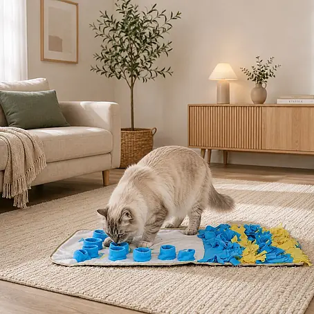 belviona Schnüffelmatte für Katzen, Leckerlisuche, 100x60 cm, gelb/blau