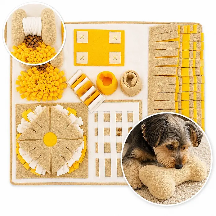 belviona Schnüffelmatte für Hunde, Futtersuche & Geruchstraining, 70x60 cm -  - Gelbe und beige Stoff-Schnüffelmatte für Hunde mit verschiedenen Leckerli-Verstecken. Ein kleiner Hund spielt mit einem Knochenspielzeug.