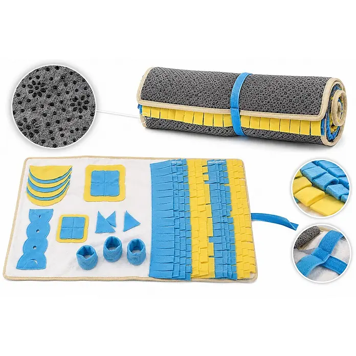 belviona Schnüffelmatte für Hunde, Futtersuche & Geruchstraining, 100x60 cm -  - Ausgerollte blaue und gelbe Schnüffelmatte für Haustiere mit Futterverstecken und eingerollte Form mit blauem Gurt.