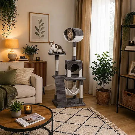 belviona Kratzbaum 133 cm mit Höhle, Hängematte & Treppe, grau/weiß