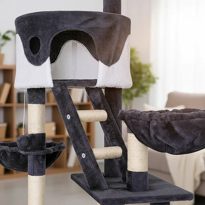 belviona XXL-Kratzbaum mit Deckenspanner, 230-250 cm, grau/weiß -  - Mehrstufiger grauer und weißer Plüsch-Katzenbaum mit Kratzbaumstämmen, Höhle, Hängematten, Leiter und Spielzeug.