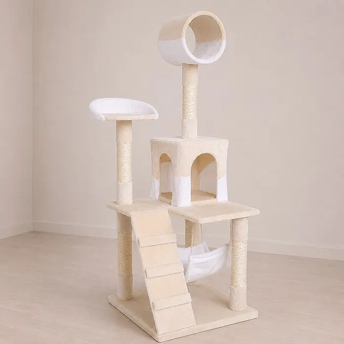 belviona Kratzbaum 133 cm mit Höhle, Hängematte & Treppe, beige/weiß -  - Beigefarbener und weißer mehrstufiger Katzenkratzbaum mit Kratzpfosten, Höhle, Liegefläche, Rampe und Hängematte.