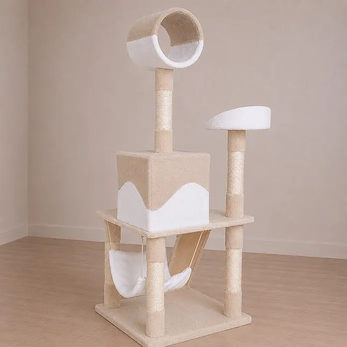 belviona Kratzbaum 133 cm mit Höhle, Hängematte & Treppe, beige/weiß -  - Ein mehrstufiger Katzenkratzbaum aus beigem und weißem Plüschstoff mit Sisal-Kratzstämmen, einer oberen Liege, einem Würfelversteck und einer Hängematte.