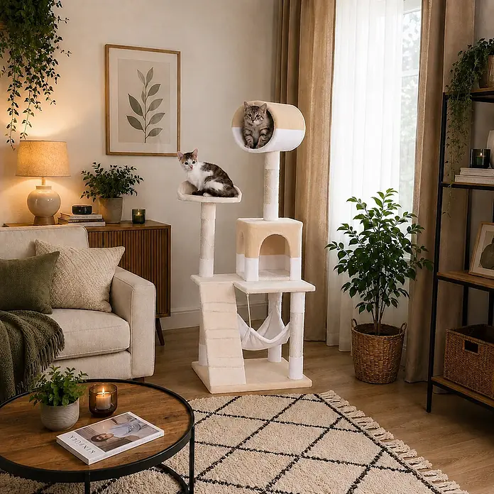 belviona Kratzbaum 133 cm mit Höhle, Hängematte & Treppe, beige/weiß -  - Ein beigefarbener und weißer mehrstufiger Katzenbaum mit Kratzbaum, Katzenhöhle, oberem Bett und Hängematte. Zwei Katzen nutzen den Baum.
