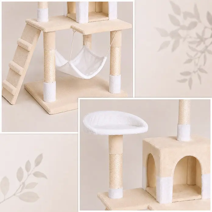 belviona Kratzbaum 133 cm mit Höhle, Hängematte & Treppe, beige/weiß -  - Mehrstufiger Katzenbaum in Beige und Weiß mit Plüschbezug, Sisal-Kratzstämmen, Hängematte, Liegefläche und Katzenhöhle.