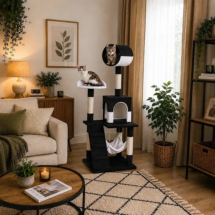 belviona Kratzbaum 133 cm mit Höhle, Hängematte & Treppe, schwarz/weiß -  - Ein schwarz-weißer, mehrstufiger Katzenbaum mit Kratzpfosten und zwei Katzen in einem gemütlichen Wohnzimmer.