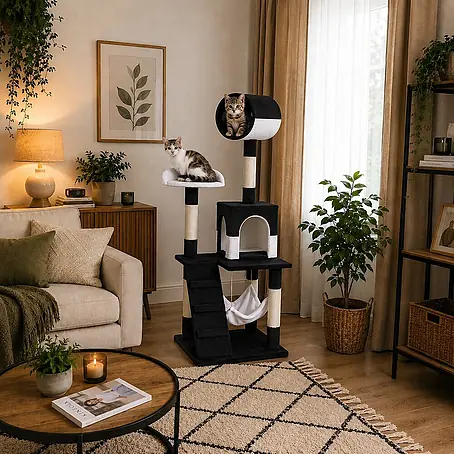 belviona Kratzbaum 133 cm mit Höhle, Hängematte & Treppe, schwarz/weiß