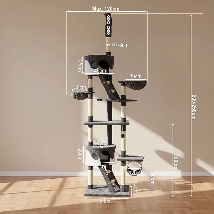 belviona XXL-Kratzbaum mit Deckenspanner, 230-250 cm, grau/weiß -  - Mehrstufiger Katzenbaum in Grau-Weiß mit Sisal-Kratzstämmen, Plattformen, Höhlen und Körben, detaillierte Maße angegeben.