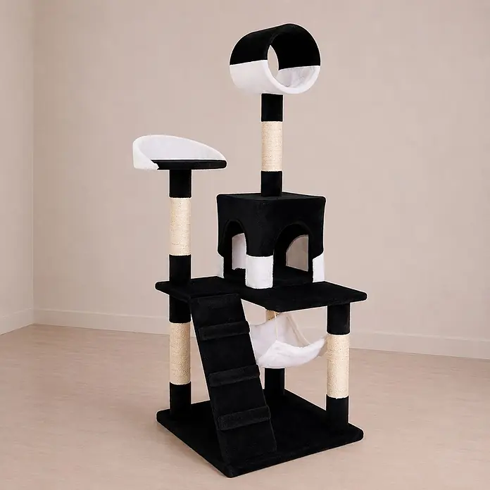 belviona Kratzbaum 133 cm mit Höhle, Hängematte & Treppe, schwarz/weiß -  - Ein schwarz-weißer, mehrstufiger Katzenbaum mit Sisalkratzbäumen, einem Häuschen, einer Liege, einer Leiter und einer Hängematte für Katzen zum Spielen und Ausruhen.