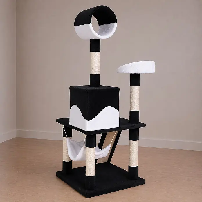 belviona Kratzbaum 133 cm mit Höhle, Hängematte & Treppe, schwarz/weiß -  - Schwarz-weißer, mehrstufiger Katzenbaum mit Kratzstämmen, Katzenhöhle, Liegefläche und Hängematte.