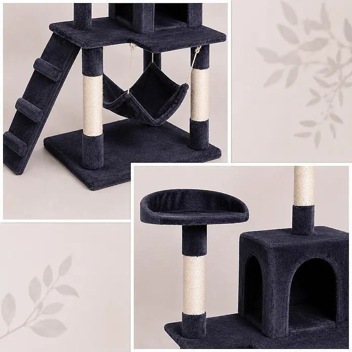 belviona Kratzbaum 133 cm mit Höhle, Hängematte & Treppe, dunkelgrau -  - Dunkelblauer Plüsch-Katzenbaum mit mehreren Ebenen, Leiter, Hängematte und Katzenhöhle, mit Sisal-Kratzpfosten.