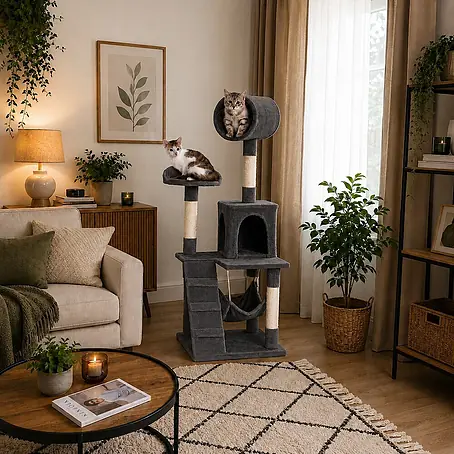 belviona Kratzbaum 133 cm mit Höhle, Hängematte & Treppe, dunkelgrau