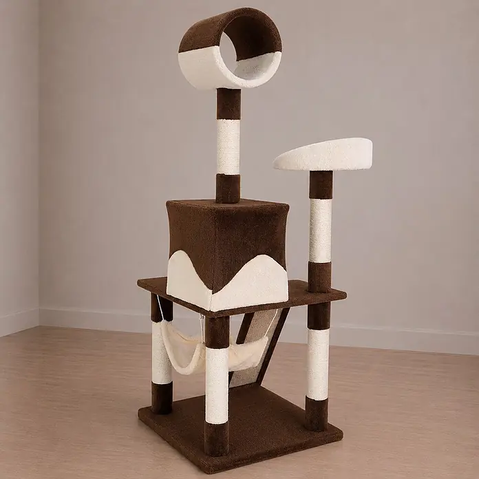 belviona Kratzbaum 133 cm mit Höhle, Hängematte & Treppe, braun/beige -  - Mehrstufiger Katzenkratzbaum aus braunem und beigem Plüsch mit Kratzsäulen, Plattformen, Höhle, Tunnel und Hängematte.