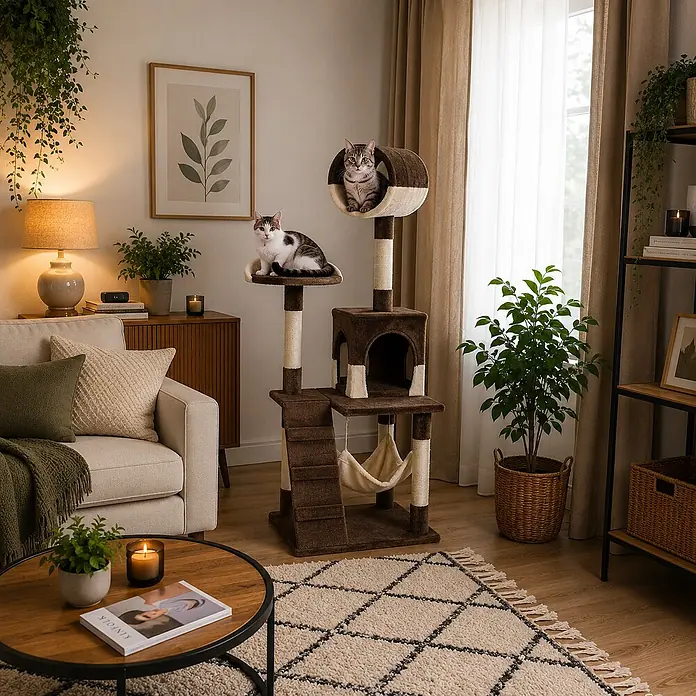 belviona Kratzbaum 133 cm mit Höhle, Hängematte & Treppe, braun/beige -  - Mehrstufiger Katzenbaum in Braun und Beige mit Kratzpfosten, Katzenhaus und Hängematte, von zwei Katzen im Wohnzimmer genutzt.