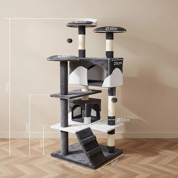 belviona Kratzbaum 130 cm mit Höhlen, Treppe & Spielbällen, grau/weiß -  - Mehrstufiger grau-weißer Kratzbaum mit Plüschplattformen, zwei Höhlen, Sisalkratzstämmen und einer Rampe. Gesamthöhe 130cm.