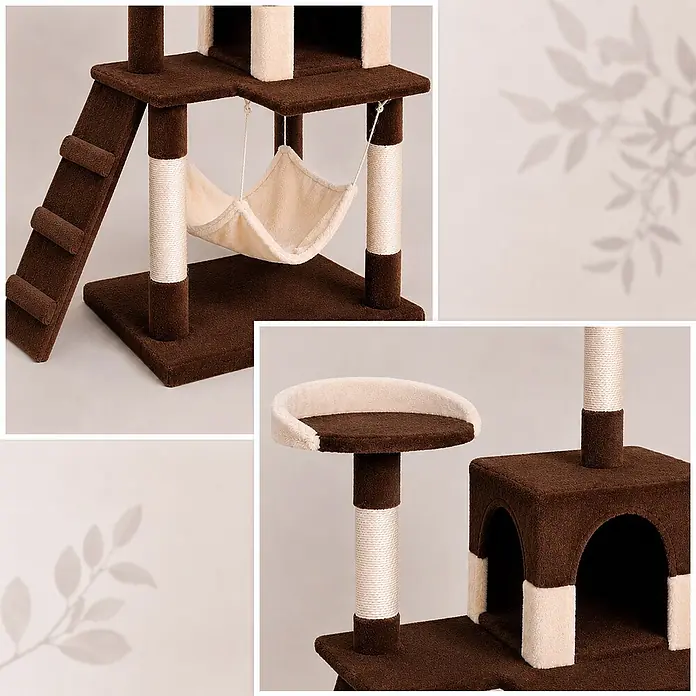 belviona Kratzbaum 133 cm mit Höhle, Hängematte & Treppe, braun/beige -  - Mehrstufiger Katzenbaum aus braunem Plüsch mit beigen Sisal-Kratzstämmen, einer Hängematte, Höhle und oberen Liegefläche.