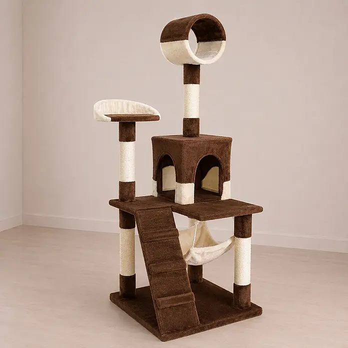 belviona Kratzbaum 133 cm mit Höhle, Hängematte & Treppe, braun/beige -  - Mehrstufiger Katzenbaum in Braun und Beige mit Kratzpfosten, Plattformen, Katzenhöhle und Hängematte.