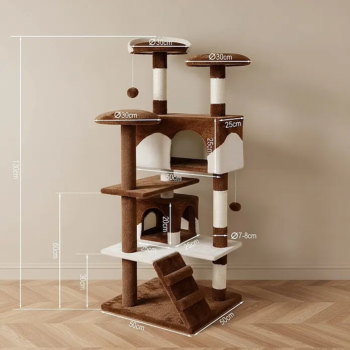 belviona Kratzbaum 130 cm mit Höhlen, Treppe & Spielbällen, braun/beige -  - Mehrstufiger braun-weißer Katzenbaum mit Plüschbezug, Sisalkratzstämmen, mehreren Plattformen, zwei Höhlen und einer Rampe zum Klettern und Ausruhen.