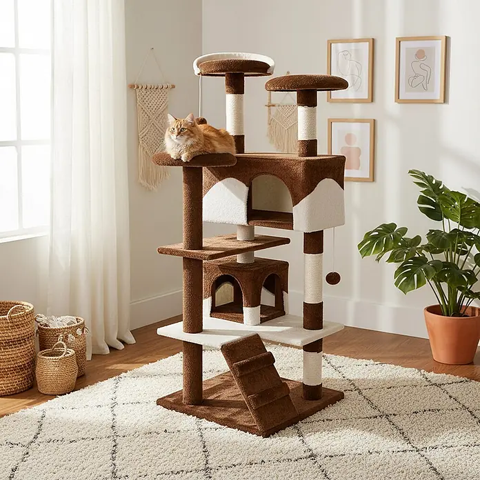 belviona Kratzbaum 130 cm mit Höhlen, Treppe & Spielbällen, braun/beige -  - Großer braun-weißer Plüsch-Katzenbaum mit mehreren Ebenen, Sisal-Kratzstämmen, Höhlen und Rampe, eine Katze ruht darauf.